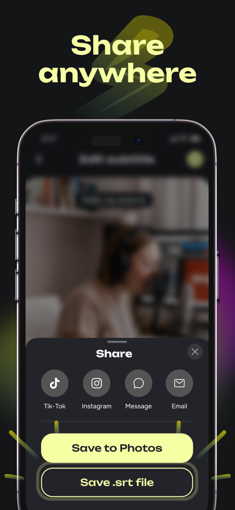 Captions AI: Video Subtitles - Captions AI app share interface with export options for TikTok Instagram and SRT files