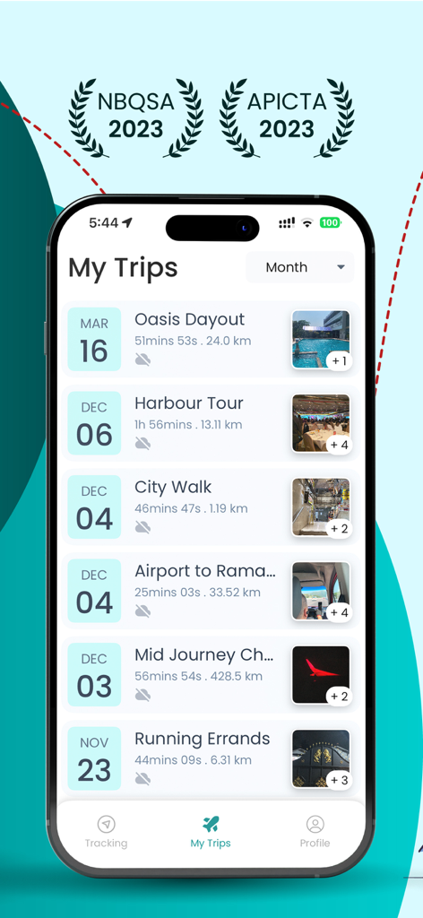 Track My Journey app interface showing a list of recorded travel trips with dates and photo thumbnails