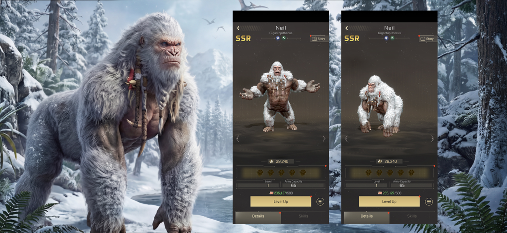 Dino Cataclysm Survivalのゲーム内のキャラクター、Neilという名前の大きな白い髪のギガントピテクス。