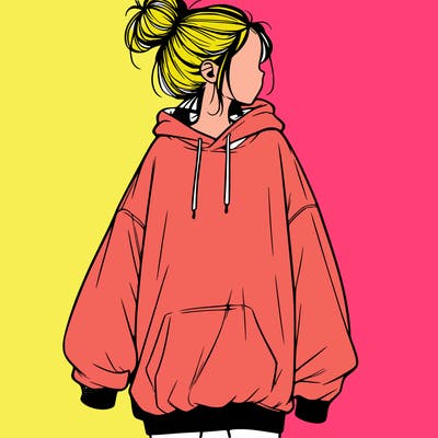 realistic girl with a oversized sweatshirt on and a bun