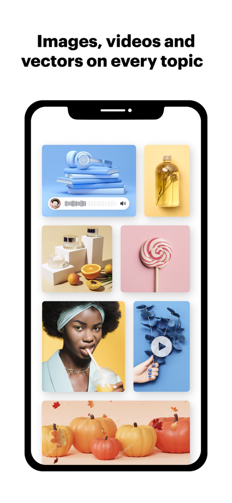 VistaCreate mobile app interface showing a library of professional stock photos videos and design elements