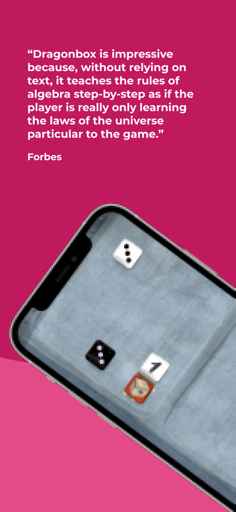 Una reseña de Forbes de la aplicación Kahoot Algebra by DragonBox que presenta una captura de pantalla del juego con casillas algebraicas en un smartphone.