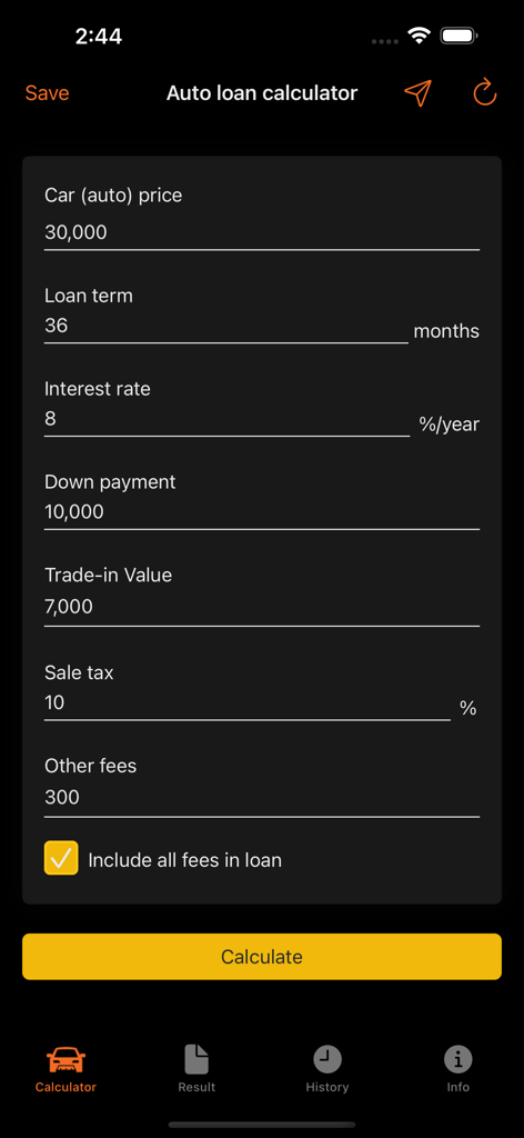 Interfaccia dell'app calcolatore prestito auto che mostra i campi di input per il prezzo dell'auto, la durata del prestito e il tasso di interesse