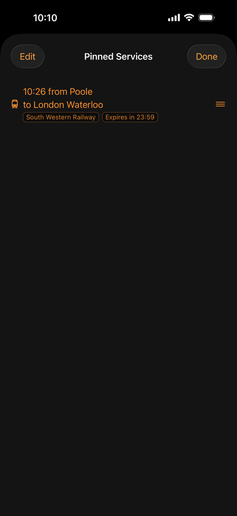 Bildschirm „Angeheftete Dienste“ in der UK Train Info App zeigt eine Fahrt von Poole nach London Waterloo an