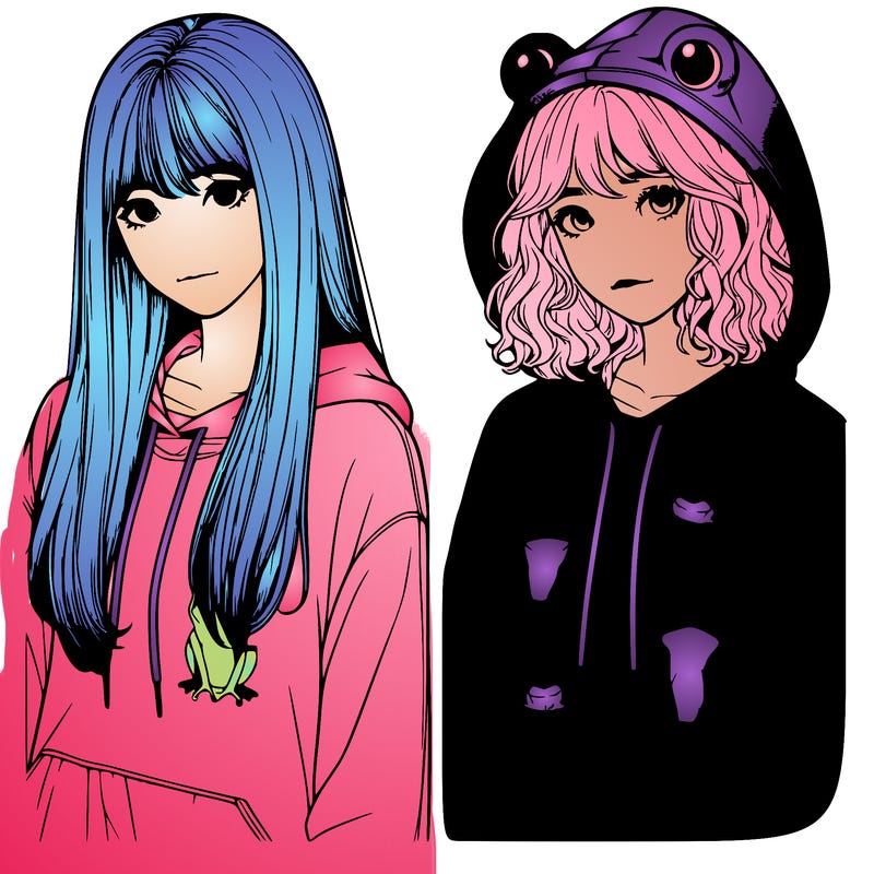 realistic teen girls (one girl with long straight hair one girl with short curly hair) side by side in froggy hoodies