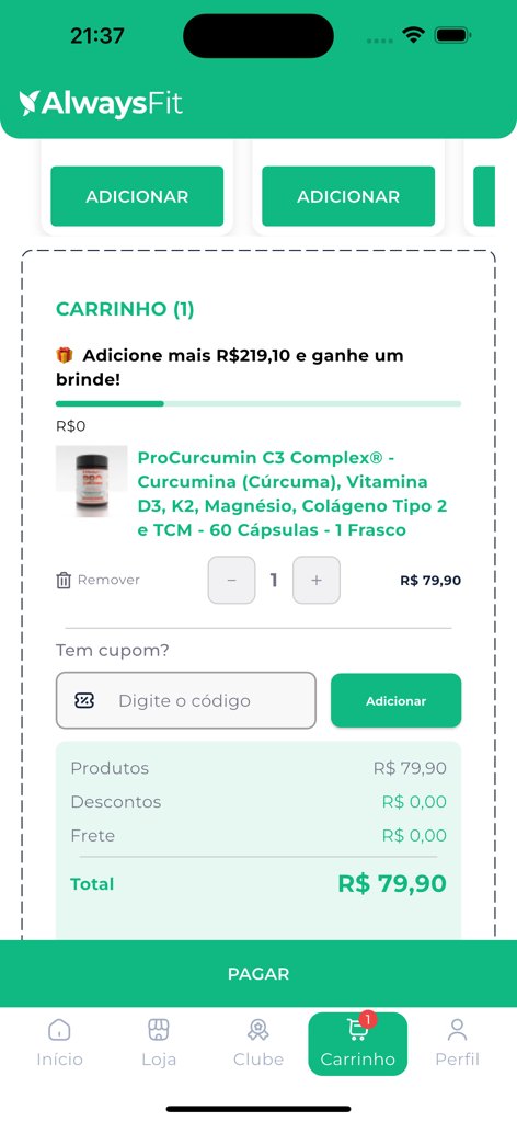 Always Fit - Viva mais - Schermata del carrello acquisti dell'app Always Fit che mostra un prodotto integratore e il riepilogo dell'ordine.