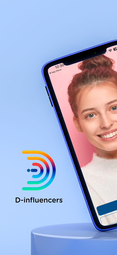 D-Influencers - D-Influencers app logo next to a smartphone displaying a smiling young woman