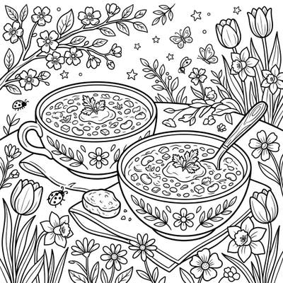 Indulge in a heartwarming scene of hearty bean soup nestled amongst vibrant spring blooms. This charming coloring page invites you to celebrate the season of renewal with comforting flavors and fresh floral beauty.