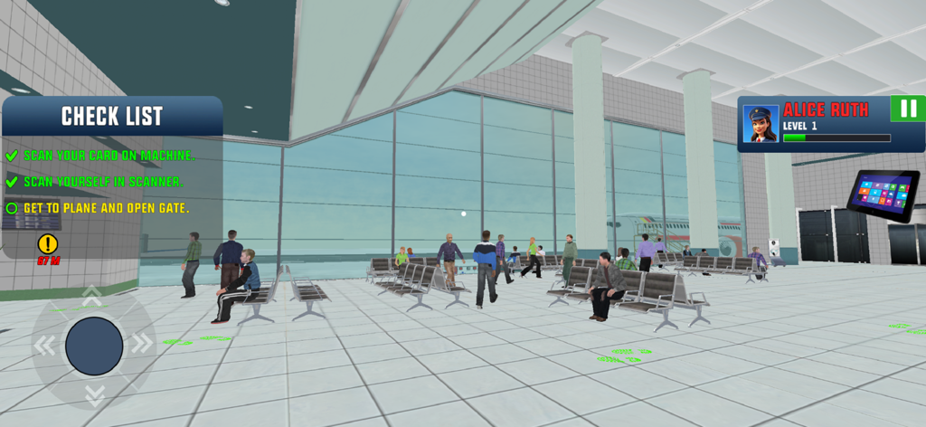 Pilot & Crew: Flight Duties - Gameplay-Screenshot von Pilot und Crew Flugdienste, der das Flughafenterminal und eine Checkliste vor dem Flug zeigt.