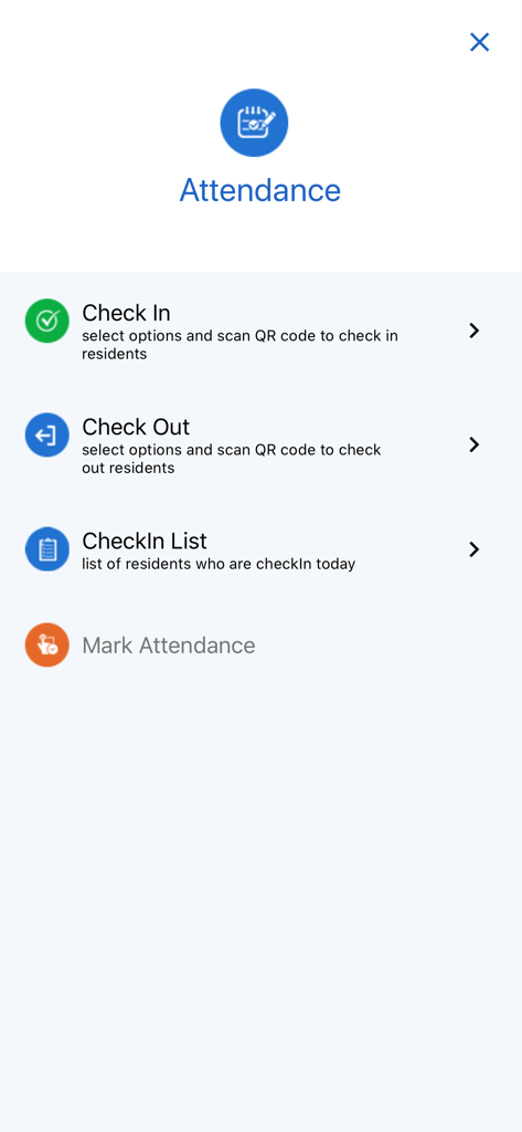 iCareManager app attendance screen showing resident check in and check out options