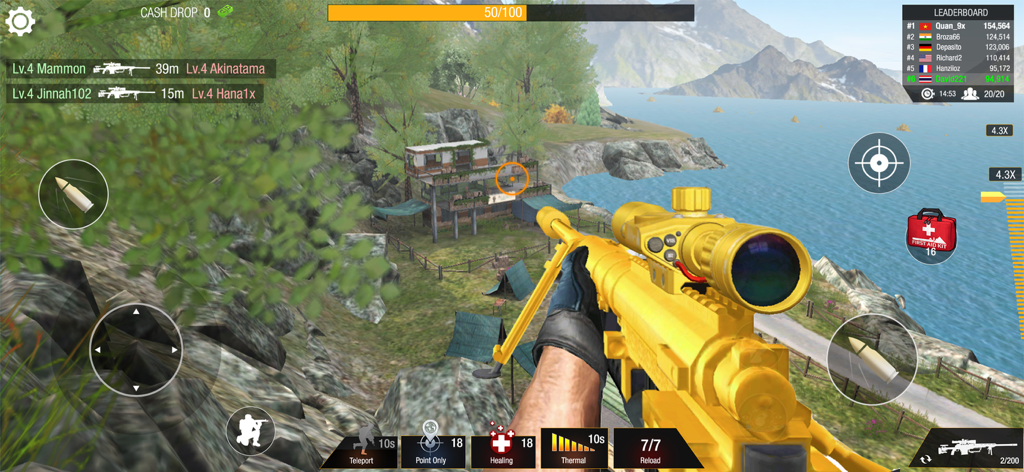 First person view of a golden sniper rifle aiming at a target in Sniper 3D Bullet Strike PvP