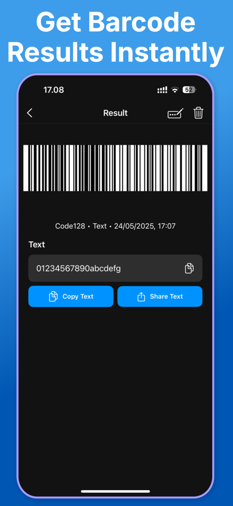 Bar Code Reader ™ - Barcode scan result interface with options to copy and share extracted text