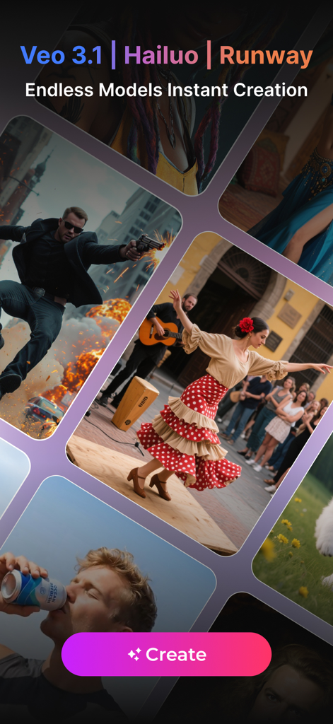 Pollo AI - AI Video Generator - Pollo AI app screen showing various AI video creation styles with a collage of generated scenes.