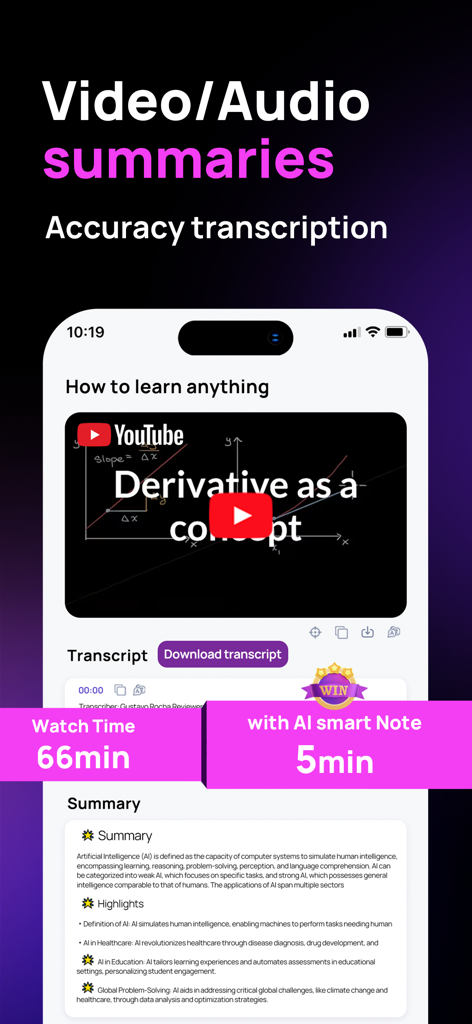 NovaTutor.AI: Video Tutor - NovaTutor.AI app interface showing a YouTube video summary and transcription comparison