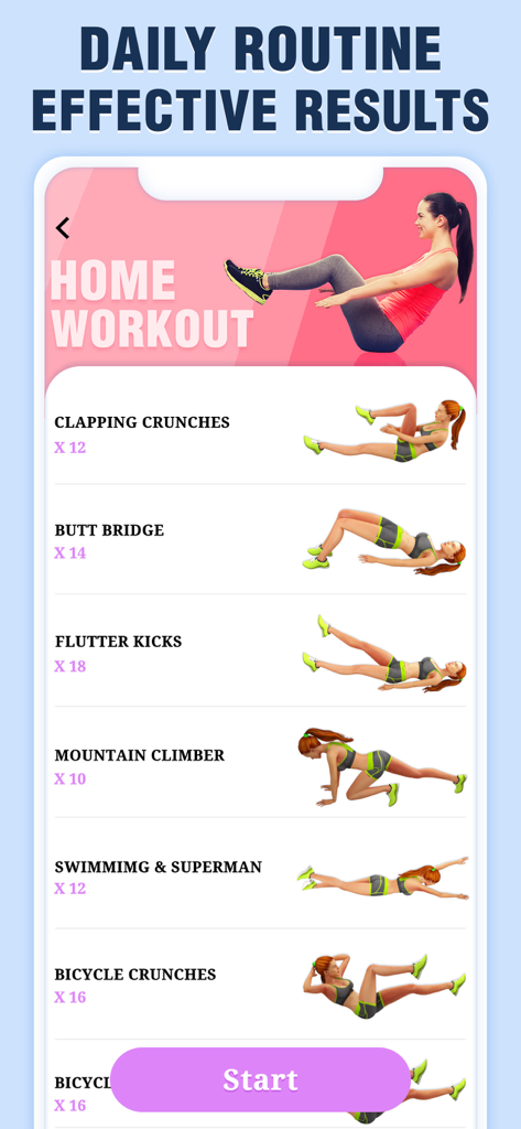 ABS Workout for Women, Fitness - A mobile app screen showing a daily core workout routine for women with a list of exercises and animations