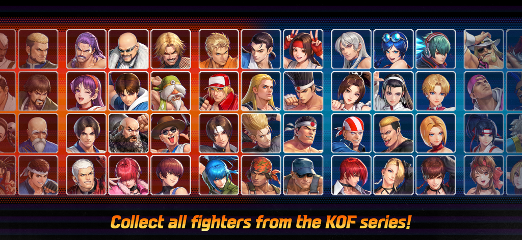 THE KING OF FIGHTERS AFK - Una cuadrícula de retratos de personajes del elenco de la serie King of Fighters