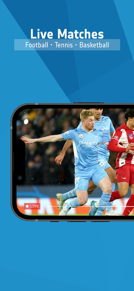 Smartphone-Bildschirm, der ein Live-Fußballspiel mit dem Text Live Matches darüber anzeigt