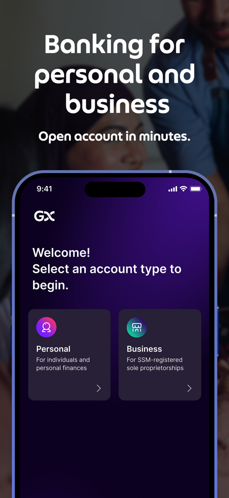 GXBank - GXBank mobile app screen showing options to open a personal or business account in minutes