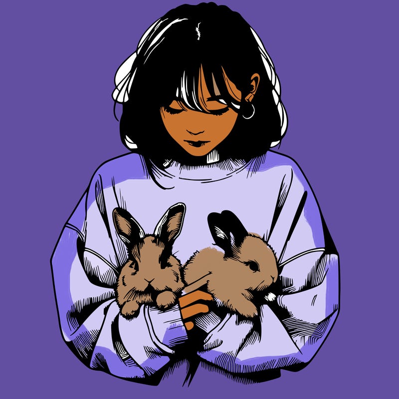 realistic girl with messy bunny baggy sweatshirt and holding bunnies