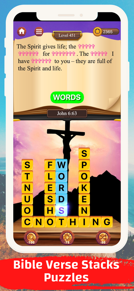 Bible Verse Word Puzzle - Bible Verse Word Stacks Puzzle mobile game interface showing a verse from John 6:63 and letter tiles over a sunset background with a cross silhouette.