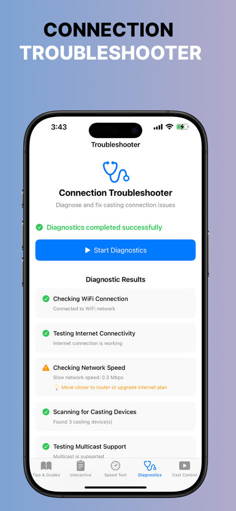 Screen Mirroring TV Cast+ - Diagnostic results page in the Screen Mirroring TV Cast plus app showing a connection troubleshooter for WiFi speed and device connectivity.