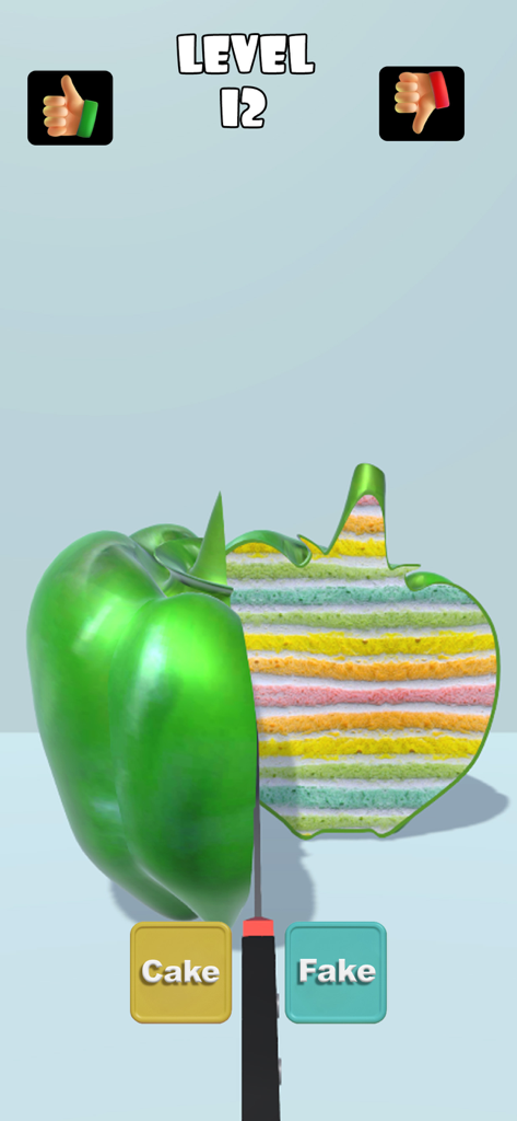 Cake Or fake Challenge! - A green bell pepper sliced in half to reveal a colorful rainbow cake inside the Cake Or Fake Challenge game interface
