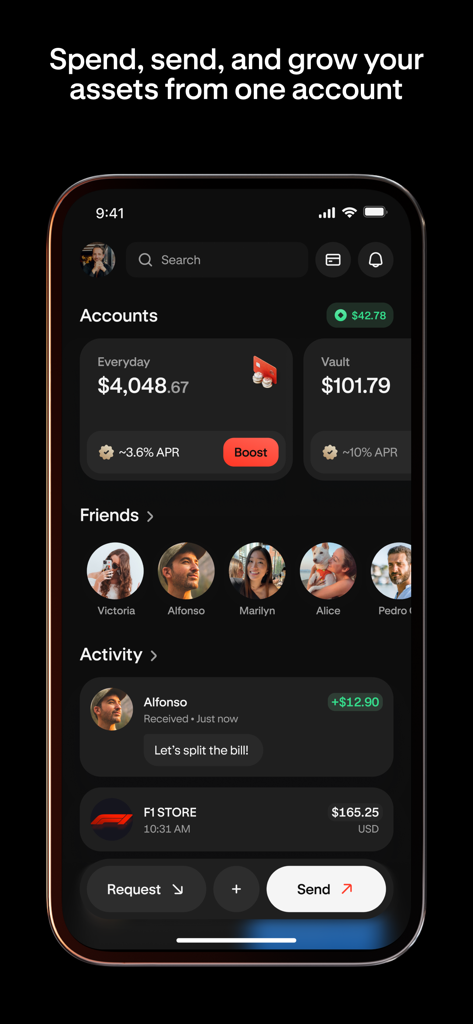 Krak: Money & Crypto Transfer - Krak 앱 대시보드: 계정 잔액, 친구 목록 및 최근 거래 내역 표시