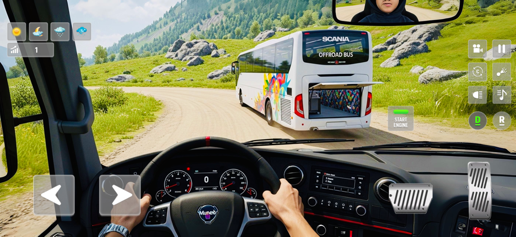 Trip Bus Simulator - Bus Games - Visão do cockpit em primeira pessoa de um ônibus dirigindo em uma estrada de montanha cênica no Trip Bus Simulator