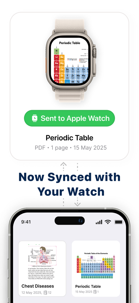PDF Watch Viewer : WristDocs - Interfaz de la aplicación WristDocs demostrando un documento PDF de tabla periódica sincronizado desde un iPhone a una pantalla de Apple Watch.