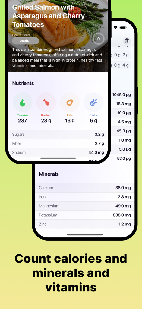 Fitly - Nutrition Planning - Interfaz de la aplicación Fitly mostrando un desglose nutricional detallado y el recuento de minerales para una comida de salmón a la parrilla.