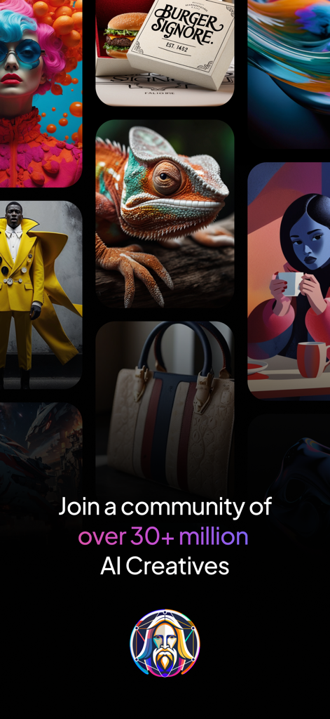 Leonardo.Ai - Image Generator - Un collage de diversas imágenes generadas por IA, incluyendo un camaleón y retratos de moda, destacando una comunidad de 30 millones de creativos.