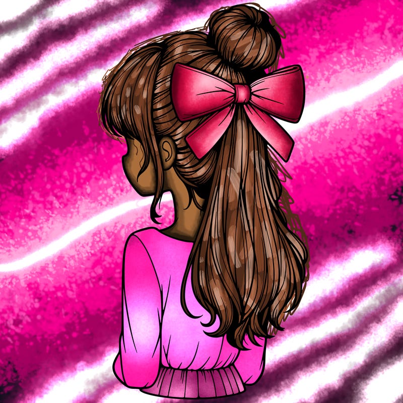realistic girl  with hip length hair a bun and a big bow on the back of head