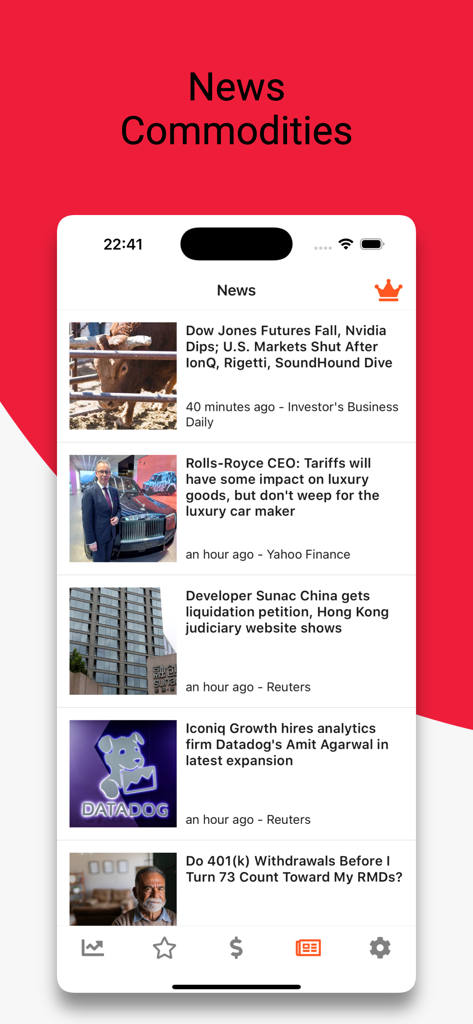 GoldNow app showing a feed of financial news and market updates