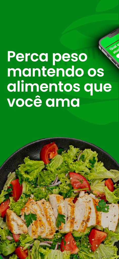 Emagrece Fácil - Healthy chicken salad with Portuguese text promoting weight loss while eating favorite foods.