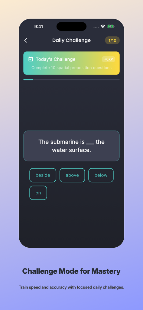 Captura de pantalla de la aplicación PrepoQuest que muestra un desafío diario con una pregunta de gramática de preposiciones espaciales sobre un submarino