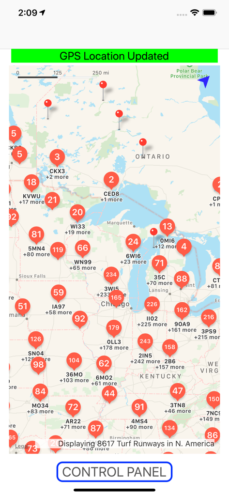 Airport Runway Finder - Vista mappa nell'app Airport Runway Finder che mostra migliaia di piste erbose in tutto il Nord America.
