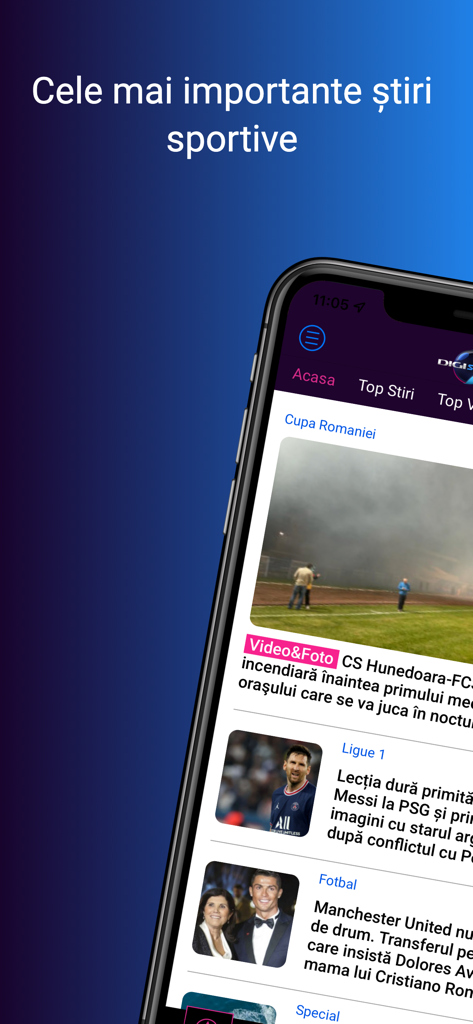 DigiSport - App mobile DigiSport che mostra un feed di articoli di notizie sportive internazionali e rumene