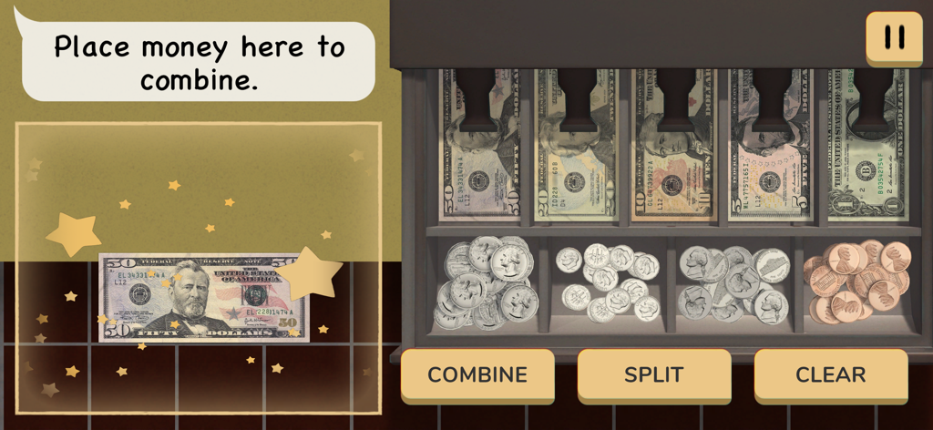 Cash Skills Collection - An interactive interface from the Cash Skills Collection app showing US bills and coins in a cash drawer with a prompt to combine currency.