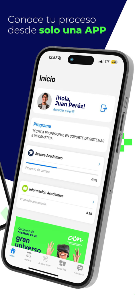 Cun 360 - Pantalla de inicio de la aplicación universitaria Cun 360, mostrando el perfil del estudiante y el progreso académico.