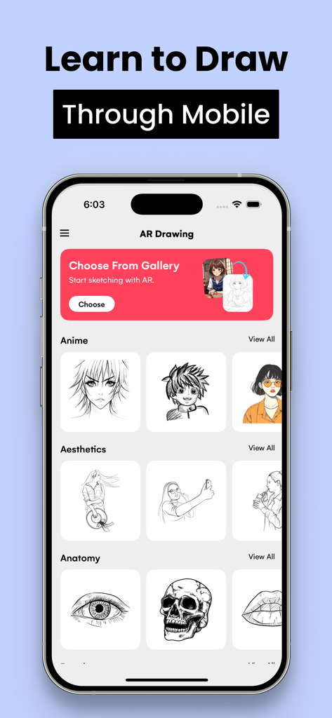AR Drawing Sketch Paint; Trace - Interfaz de la aplicación Dibujo AR mostrando categorías de dibujo para bocetos de anime, estética y anatomía en una pantalla móvil.