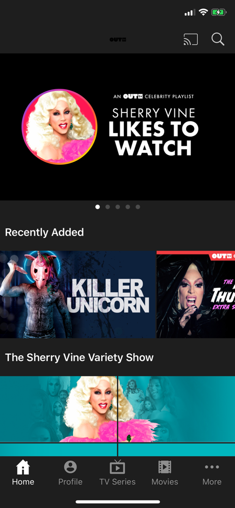 OUTtvGo - Home screen of the OUTtvGo streaming app featuring LGBTQ plus content and navigation menu