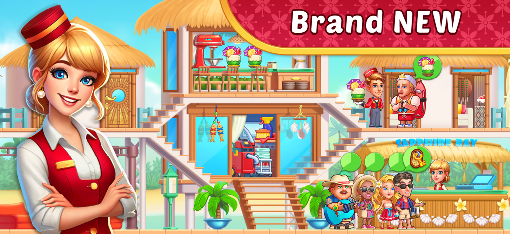 Gerente de hotel femenina con uniforme rojo de pie frente a un resort tropical de varios pisos con huéspedes y personal