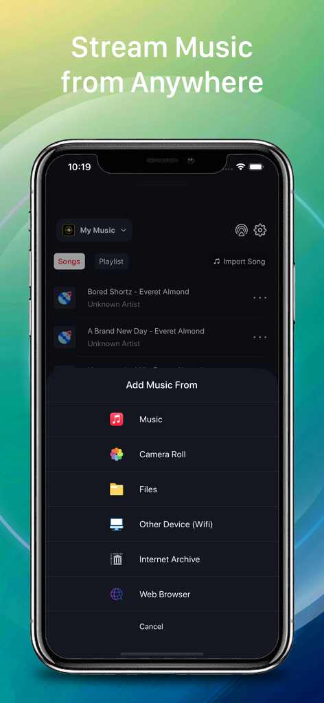 A mobile interface showing options to import music from various sources like camera roll and internet archive