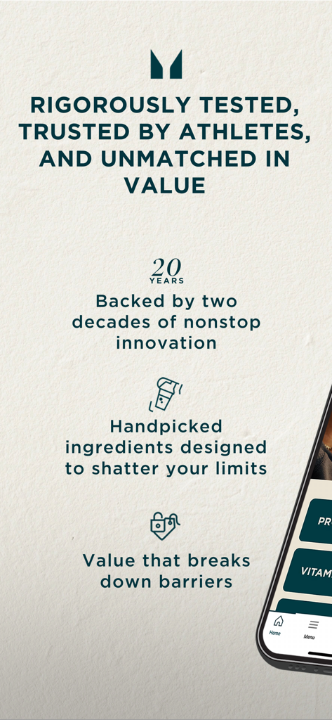 Myprotein app screen highlighting 20 years of innovation and trusted sports nutrition value