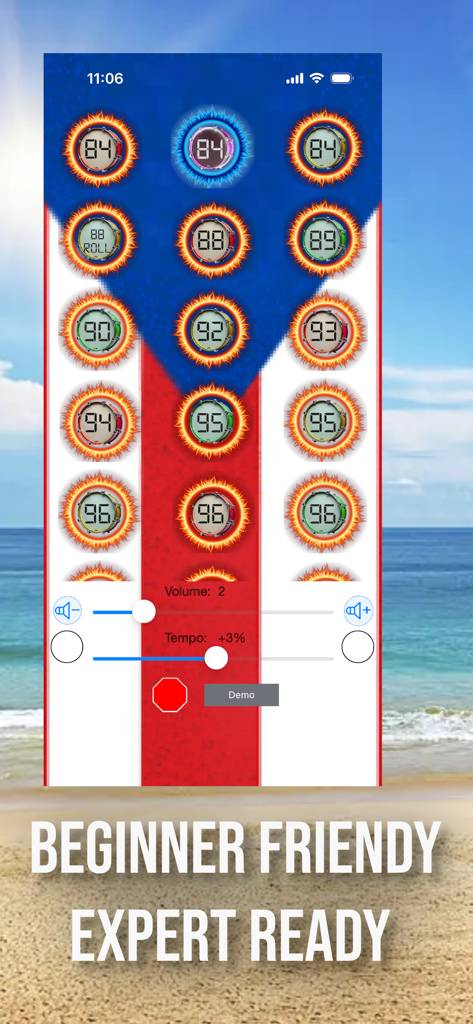 Reggaeton Roots Drum Loops - Reggaeton Roots Drum Loops app interface showing BPM selection buttons and tempo controls with the text Beginner Friendly Expert Ready
