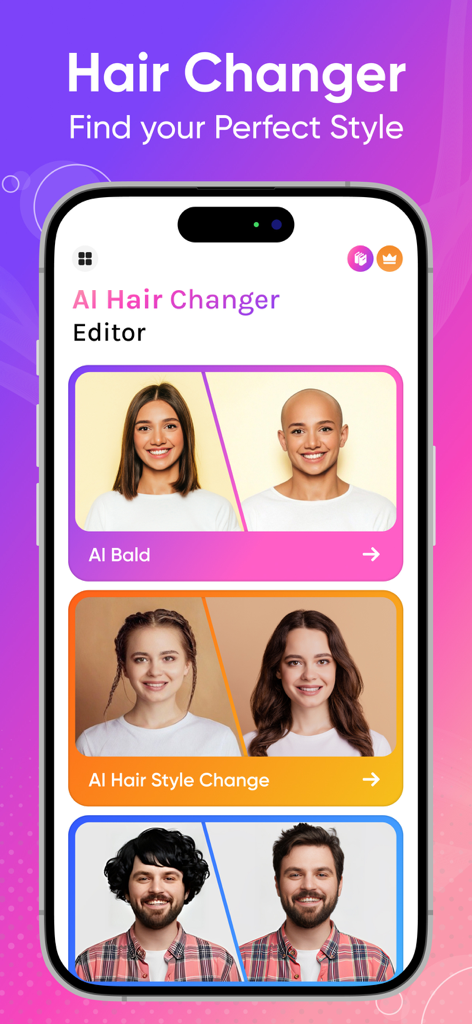 AI Hair Changer - Color Change - Pantalla de la aplicación AI Hair Changer mostrando opciones de transformación de peinado y filtros de calvicie para hombres y mujeres