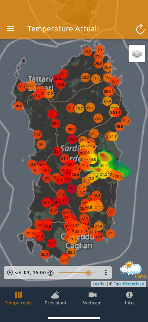 Mappa della temperatura in tempo reale della Sardegna che mostra i dati delle stazioni meteorologiche locali