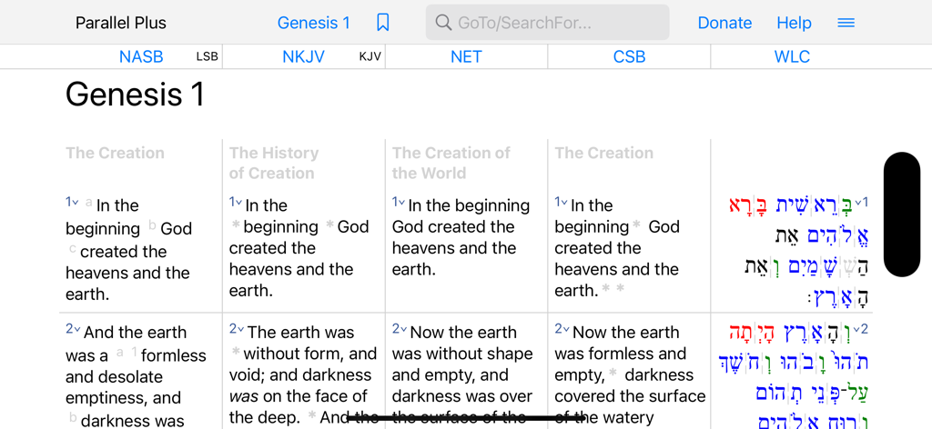 Parallel Plus Bible study app interface showing Genesis 1 in five parallel columns including English translations and Hebrew text