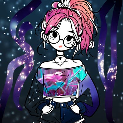 girl with a messy ponytail glasses a baggy crop top and jean shorts