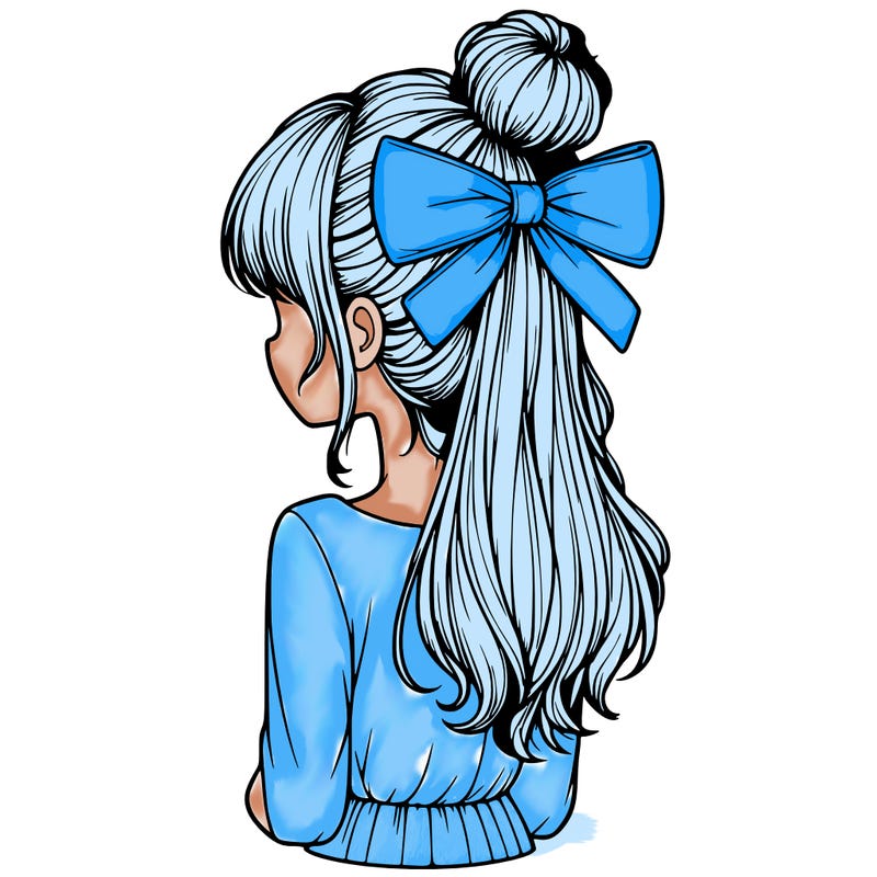 realistic girl  with hip length hair a bun and a big bow on the back of head